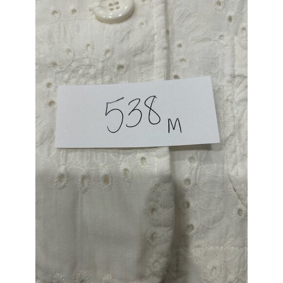 White Eyelet Cotton Three Quarter Sleeve Blazer Jacket with Button Front and Poc - Picture 8 of 8